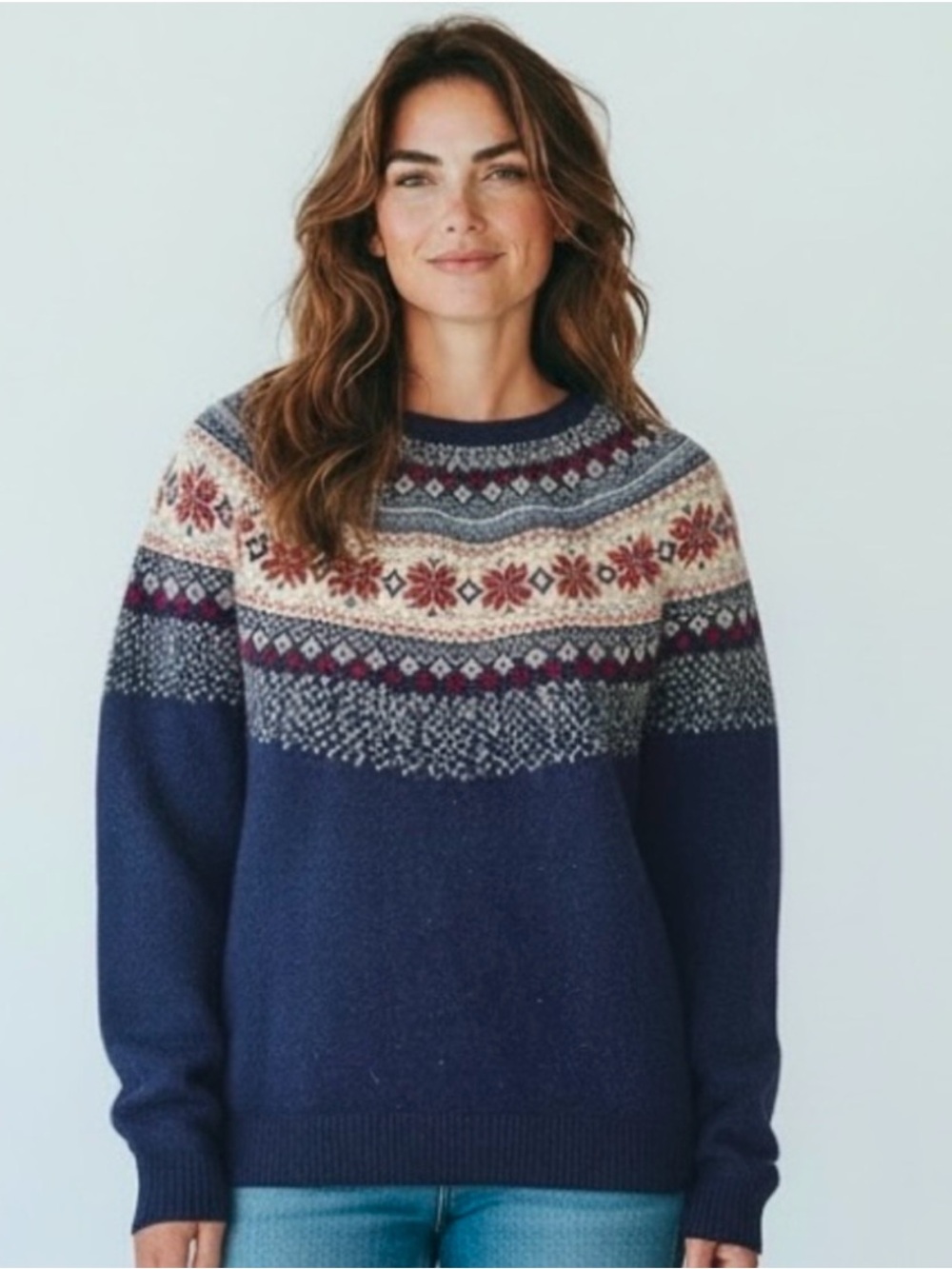 Fair Isle Crewneck Wool Blend Sweater in Navy with Multicolor Yoke